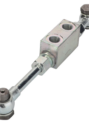 The AGCO | Lock Valve - Acp0372090, a reliable metal hydraulic fitting branded by AGCO, features two center ports and threaded ends for secure connection solutions.