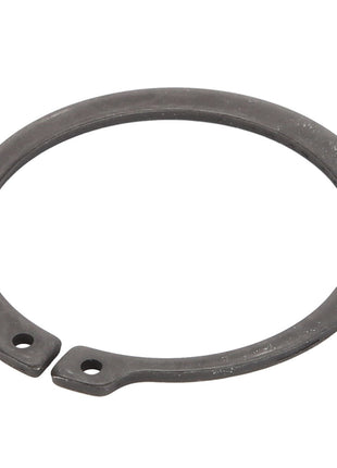 The AGCO Circlip - Acp0442670 is a circular metal snap ring featuring two precise holes at the ends for ease of installation.