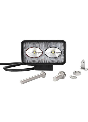 The AGCO Rear Light, LED - ACY1581070 is a rectangular work light that features two energy-efficient bulbs and comes with an attached cable. It includes all the necessary mounting hardware: two bolts, two nuts, two washers, and a metal bracket. This product is ideal for meeting tractor lighting needs.