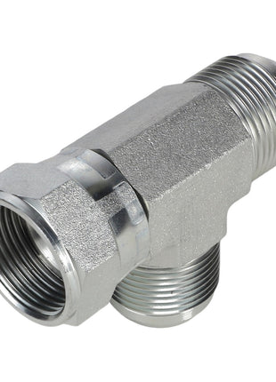 The AGCO TEE FITTING - AG562390 is a metal, T-shaped pipe fitting with threaded ends on all three sides, featuring a Female JIC Swivel for secure connections in plumbing systems.