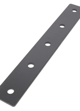 The AGCO Mounting Plate - Acw0632950 is a long, flat, rectangular metal plate featuring four evenly spaced circular holes.