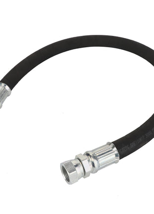 The AGCO Hose - Acp0154990 is a versatile black hydraulic hose featuring metal connectors on both ends, engineered for fluid transfer and high-pressure applications. No current product description available at the moment.