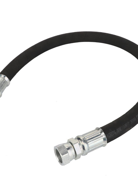 The AGCO Hose - Acp0154990 is a versatile black hydraulic hose featuring metal connectors on both ends, engineered for fluid transfer and high-pressure applications. No current product description available at the moment.