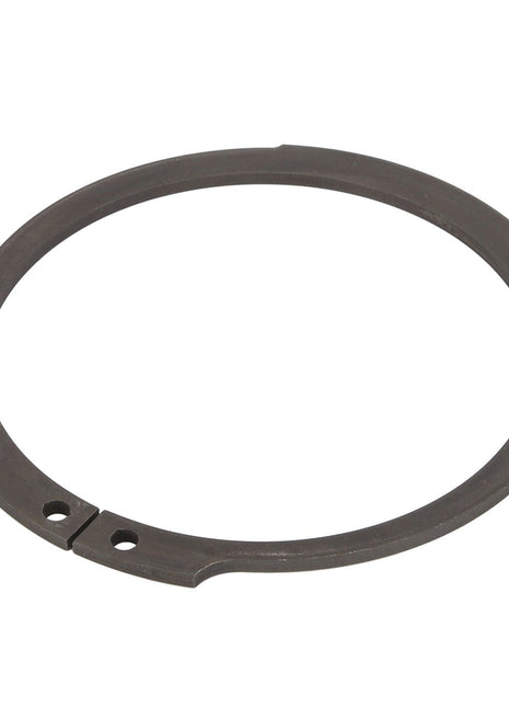 The AGCO CIRCLIP - D42506800 is a circular, flat metal ring featuring two small holes near the opening, making it ideal for effortlessly securing various components together.