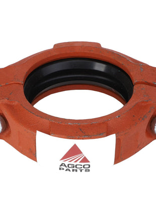 The AGCO | COUPLING - AG524577 is an orange machinery component from AGCO Genuine Parts, featuring metal bolts and a black rubber ring designed for vibration resistance, complete with an AGCO Parts logo.