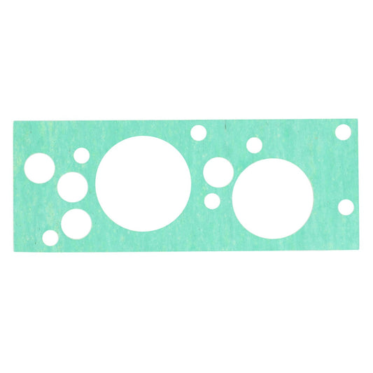 AGCO | Seal - 737100600010, a green rectangular gasket featuring multiple circular cutouts of varying sizes, designed for compatibility with Massey Ferguson Dyna-VT systems.