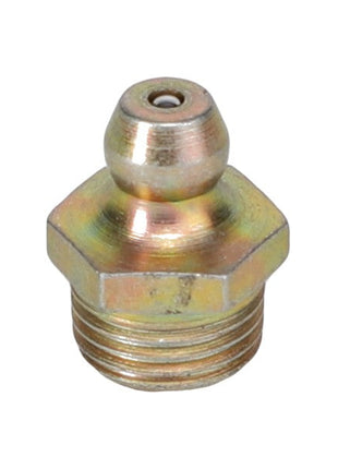 A close-up view of the AGCO GREASE FITTING - AG550280, featuring a hexagonal base and threaded end, showcases precision engineering at its finest.