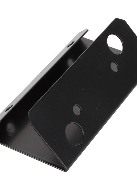 The AGCO BRACKET - D28781364 is a sleek black metal bracket that features multiple circular holes of various sizes.