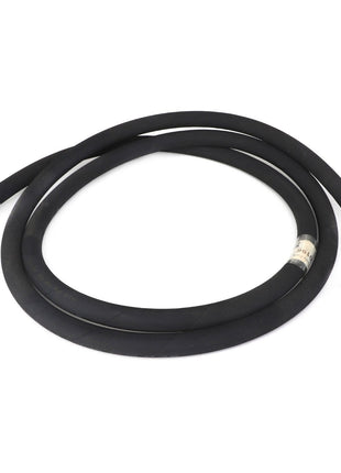 The AGCO | HOSE - ACP0319470 is a coiled black hydraulic hose featuring metal connectors on both ends, with one connector bent at a 90-degree angle, showcasing engineered precision.