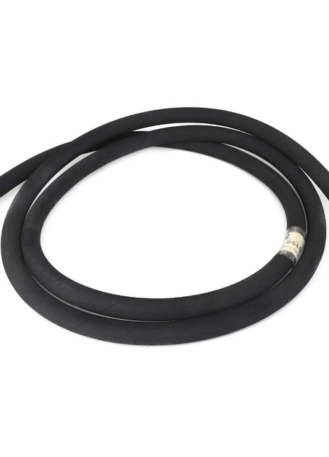 The AGCO | HOSE - ACP0319470 is a coiled black hydraulic hose featuring metal connectors on both ends, with one connector bent at a 90-degree angle, showcasing engineered precision.