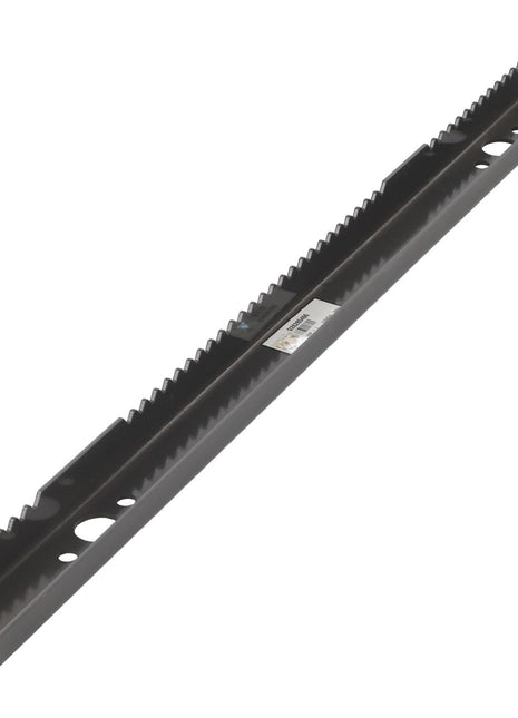 Close-up of an AGCO Chain Feeder Slat, Right - D28285406, with a serrated metal blade featuring multiple holes, viewed from an angled perspective on a white background, showcasing AGCO Parts Genuine craftsmanship for peak efficiency.
