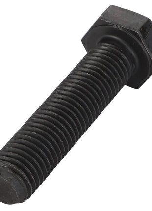 Image of an AGCO Stop Screw - F291300020250, a black, threaded hex bolt lying horizontally against a pristine white background.