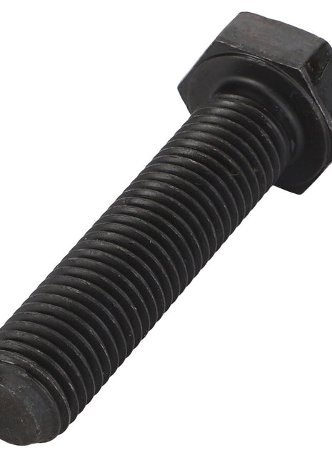 Image of an AGCO Stop Screw - F291300020250, a black, threaded hex bolt lying horizontally against a pristine white background.