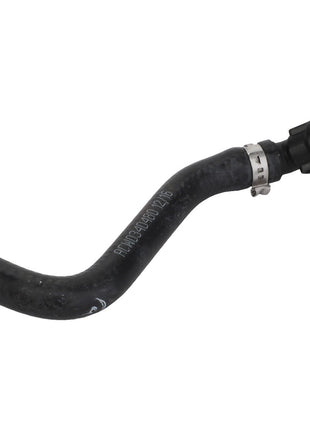 The AGCO Hose - Acw0340480, a durable black rubber hose equipped with a metal clamp and connector, is commonly used in automotive or mechanical systems to ensure reliable performance.