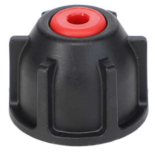 The AGCO | NOZZLE CAP - AG334228 by AGCO is a black plastic knob with a red center, featuring a cylindrical base and vertical ridges around its perimeter. It is ideal for use in Pentair Hypro systems or as part of a Replacement Check Valve setup.