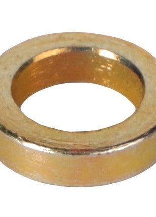 A close-up image of an AGCO | SPACER - ACW1921290, a gold-colored metal washer with a circular hole in the center. The washer has a shiny, reflective surface and is beautifully captured, though no current product description information is available.