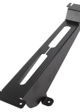 The AGCO Cowl - 4389050M1 is a black metal bracket that includes mounting holes and slots. It has a long, flat midsection with raised ends designed for attachment. No additional product description is available beyond these features from the AGCO brand.
