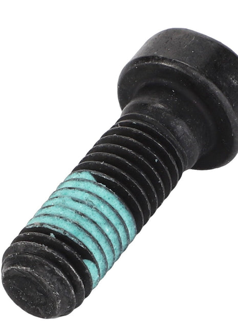 The AGCO Hex Socket Head Capscrew - Acw6791100 features a black screw with a hexagonal head and a blue thread-locking coating on part of its threaded section to ensure durability and secure fastening.