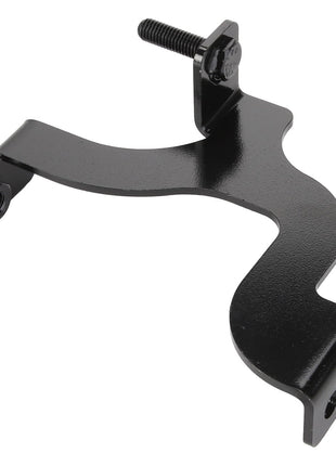 The AGCO Bracket - Acw4948260 by AGCO is a black, curved metal bracket featuring two mounting points and a screw at the top.