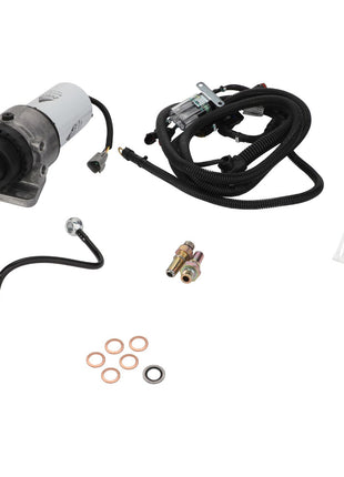 Image shows the AGCO Fuel Pump Assembly Kit (Accessory Code: Acw085956A) including a fuel pump, wiring harness, hoses, connectors, and various small circular seals from the brand AGCO.