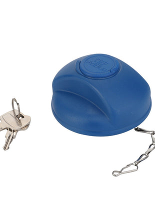 A blue AGCO Locking Cap, Def/Ad Blue - Acw0141220 key safe on a white background, with a set of keys attached to a short chain beside it, featuring Genuine Controls for added reliability.