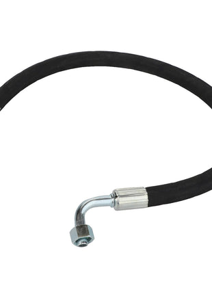 Introducing the AGCO | HOSE - D45080059 from AGCO: a flexible black hydraulic hose equipped with metal fittings on both ends, featuring one straight and one curved connection.