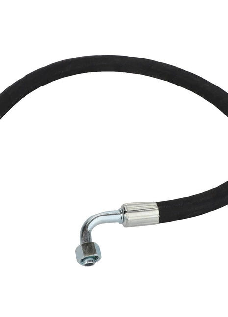 Introducing the AGCO | HOSE - D45080059 from AGCO: a flexible black hydraulic hose equipped with metal fittings on both ends, featuring one straight and one curved connection.