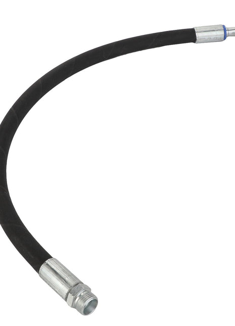 The AGCO | Hydraulic Hose - Acw1444260 by AGCO is a black, flexible hydraulic hose featuring durable metal fittings at both ends, including one straight and one angled fitting, designed specifically for high-pressure applications.