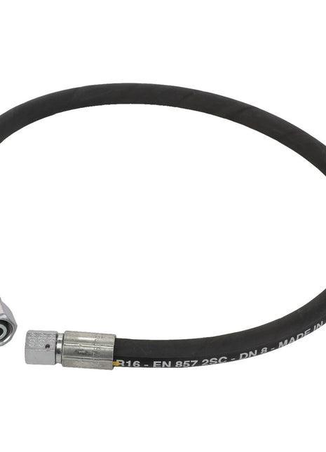 The AGCO Hydraulic Hose - Acw1753720, a black hydraulic hose featuring metal connectors at both ends, is coiled in a semi-circle.