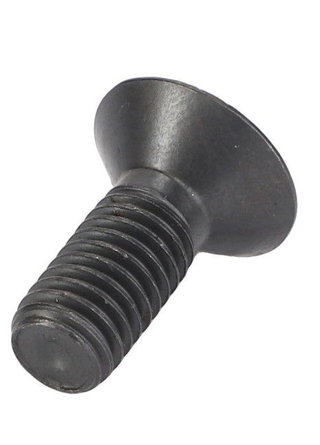 Close-up image of the AGCO | Screw - F339300021020, a black, flathead, countersunk screw with a threaded shaft, carefully detailed to highlight its precision engineering.