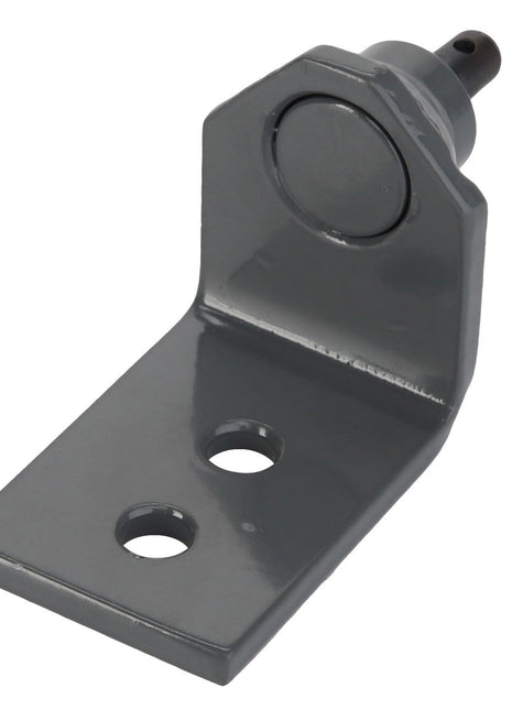 The AGCO | CLEVIS PIN - D28188489 is a grey metal mounting bracket featuring two drilled holes for fastening and a cylindrical component on the end. Further product description is currently unavailable.