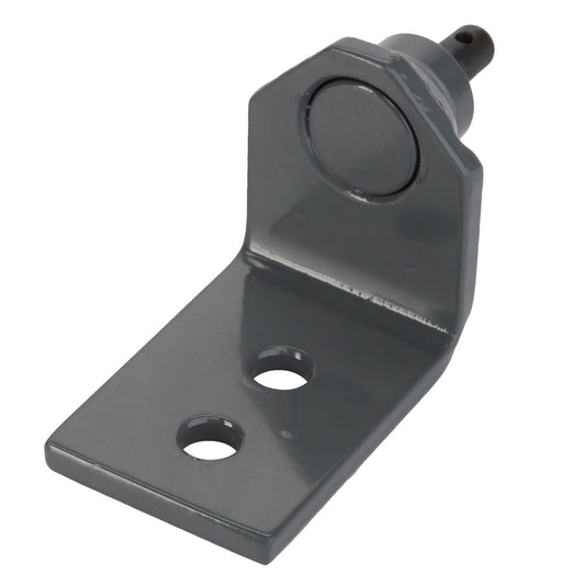 The AGCO | CLEVIS PIN - D28188489 is a grey metal mounting bracket featuring two drilled holes for fastening and a cylindrical component on the end. Further product description is currently unavailable.