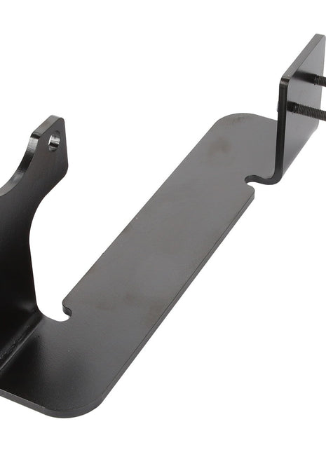 The AGCO | Bracket - Acw2337910 from AGCO is a black metal bracket featuring mounting holes and two protruding bolts, specifically designed for attaching or securing components. No current product description matches its level of durability and versatility.