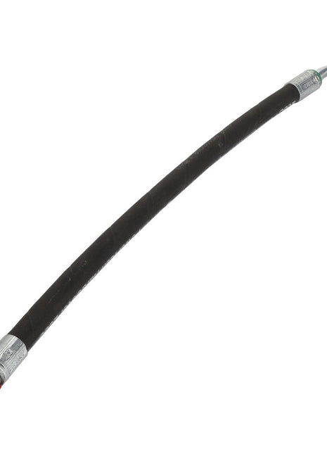 The AGCO | Hydraulic Hose - Acx2835960 by AGCO is a black and silver hydraulic hose with metal fittings at both ends, featuring a red cap on one end. Designed to withstand extreme temperatures, this abrasion-resistant hose is built for durability.