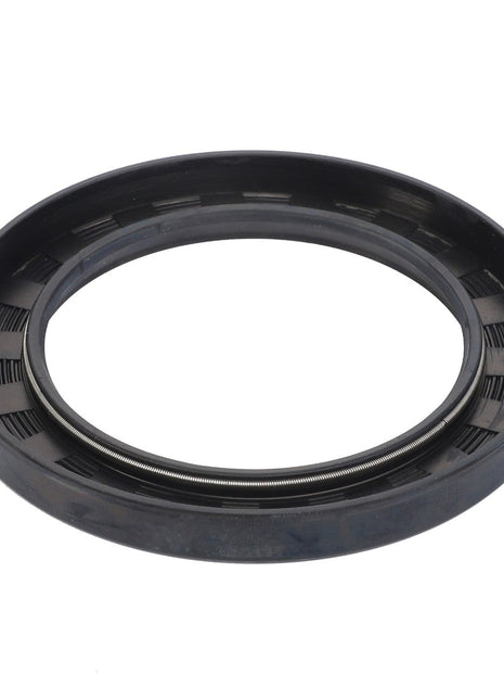 A close-up of the AGCO | Gasket, Rear Hub - D45408800, a black circular mechanical seal made from high-quality materials, typically used for sealing the gaps between stationary and moving components in machinery.