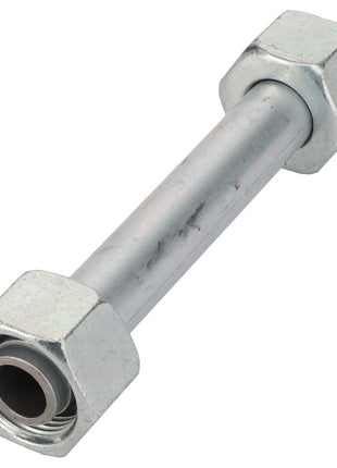 The AGCO Pipe - Acw5731470 is a metal pipe connector equipped with hexagonal nuts on both ends. Unfortunately, there is no further product description information available at this time.