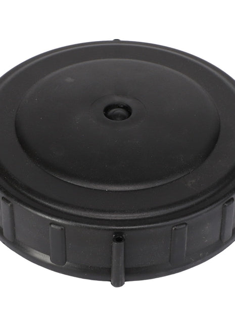 The AGCO | LID - AG711024 is a black, circular plastic lid featuring a slightly raised center and evenly spaced ridges around the edge. No additional product description information is available at this time.