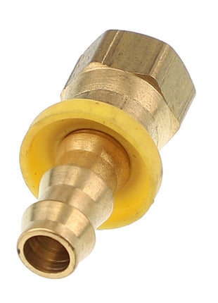 The AGCO FITTING - AG712739, a brass barb connector enhanced with a hex nut and complemented by a durable yellow washer.