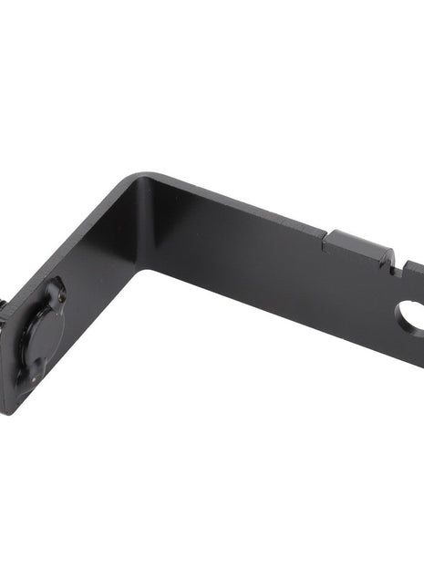 Introducing the AGCO Bracket - Acw0787180: This sleek black metal L-bracket features a threaded bolt on one end and a hole on the other, making it perfect for secure and versatile mounting.