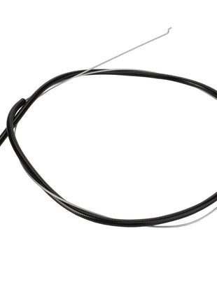 The AGCO | Bowden Cable, Ac & Heater - Acp0370030 from AGCO is a long, black coaxial cable featuring a white connector on one end and a thin, straight wire protruding from the other end.