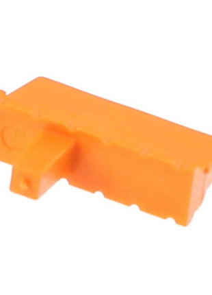 The AGCO | RECEPTACLE CONNECTOR - AG523789 is a small, orange, plastic key designed for printer toner cartridges. It features a flat top and a protruding tab on one side. Currently, no additional product description information is available.