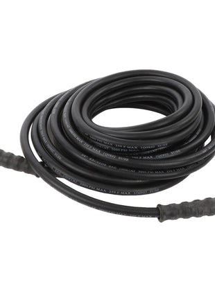 The AGCO | HOSE - AG610655 is a black pressure washer hose featuring textured grips and metallic connector ends.