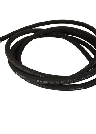 A coiled black hydraulic hose from AGCO, product name HOSE - D49070080, featuring metal fittings on both ends. Text and specifications are printed along its length; additional features or capabilities are not specified.