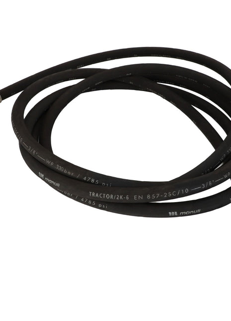 A coiled black hydraulic hose from AGCO, product name HOSE - D49070080, featuring metal fittings on both ends. Text and specifications are printed along its length; additional features or capabilities are not specified.