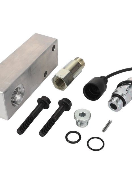 Explore the AGCO | Hydraulic Kit - Acp0617340, an assortment of metal and rubber hydraulic components for Massey Ferguson equipment that includes a block, bolts, fittings, O-rings, and a cable-attached sensor.