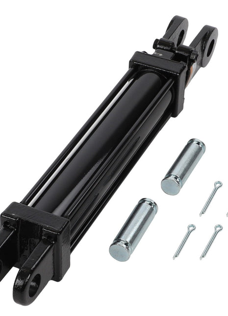 No current product description available for the AGCO | Hydraulic Cylinder - Acp0147890 in black, featuring two steel pins and four cotter pins, displayed on a white background.