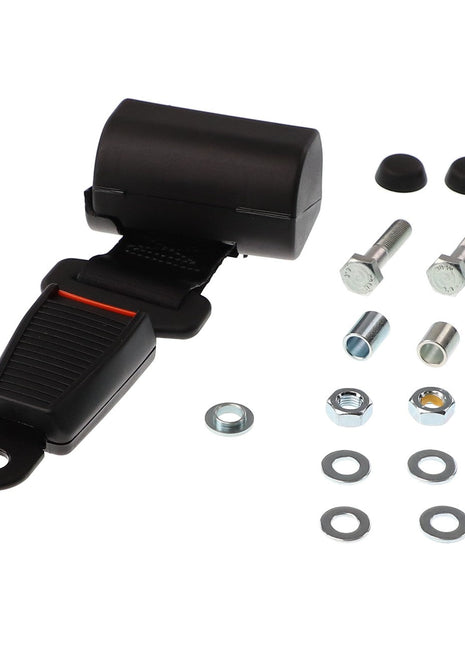 The AGCO KIT, BELT - ACP0349880 includes a black seat belt buckle receiver, as well as mounting hardware such as bolts, nuts, washers, and rubber caps. For any ordering questions, please contact our support team.