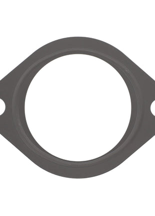 The AGCO Gasket - F530200090440 is a round, gray metal gasket with two bolt holes on either side for secure fastening.