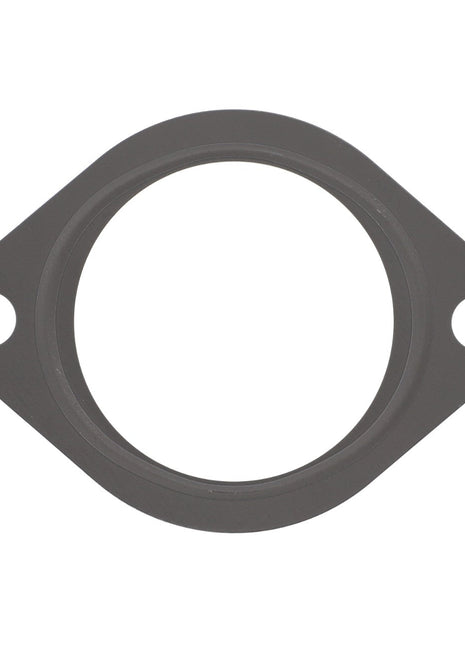The AGCO Gasket - F530200090440 is a round, gray metal gasket with two bolt holes on either side for secure fastening.