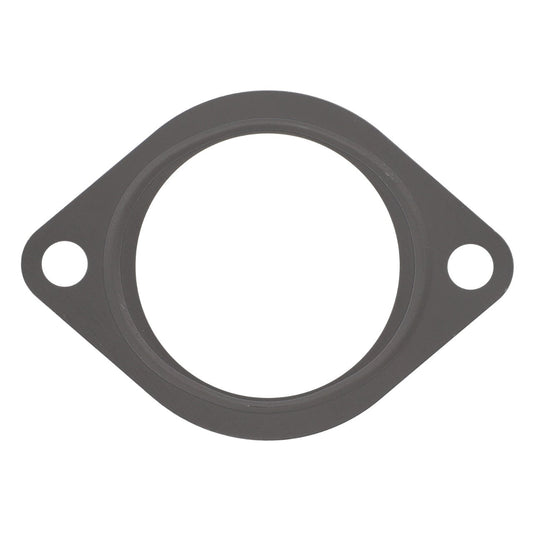 The AGCO Gasket - F530200090440 is a round, gray metal gasket with two bolt holes on either side for secure fastening.